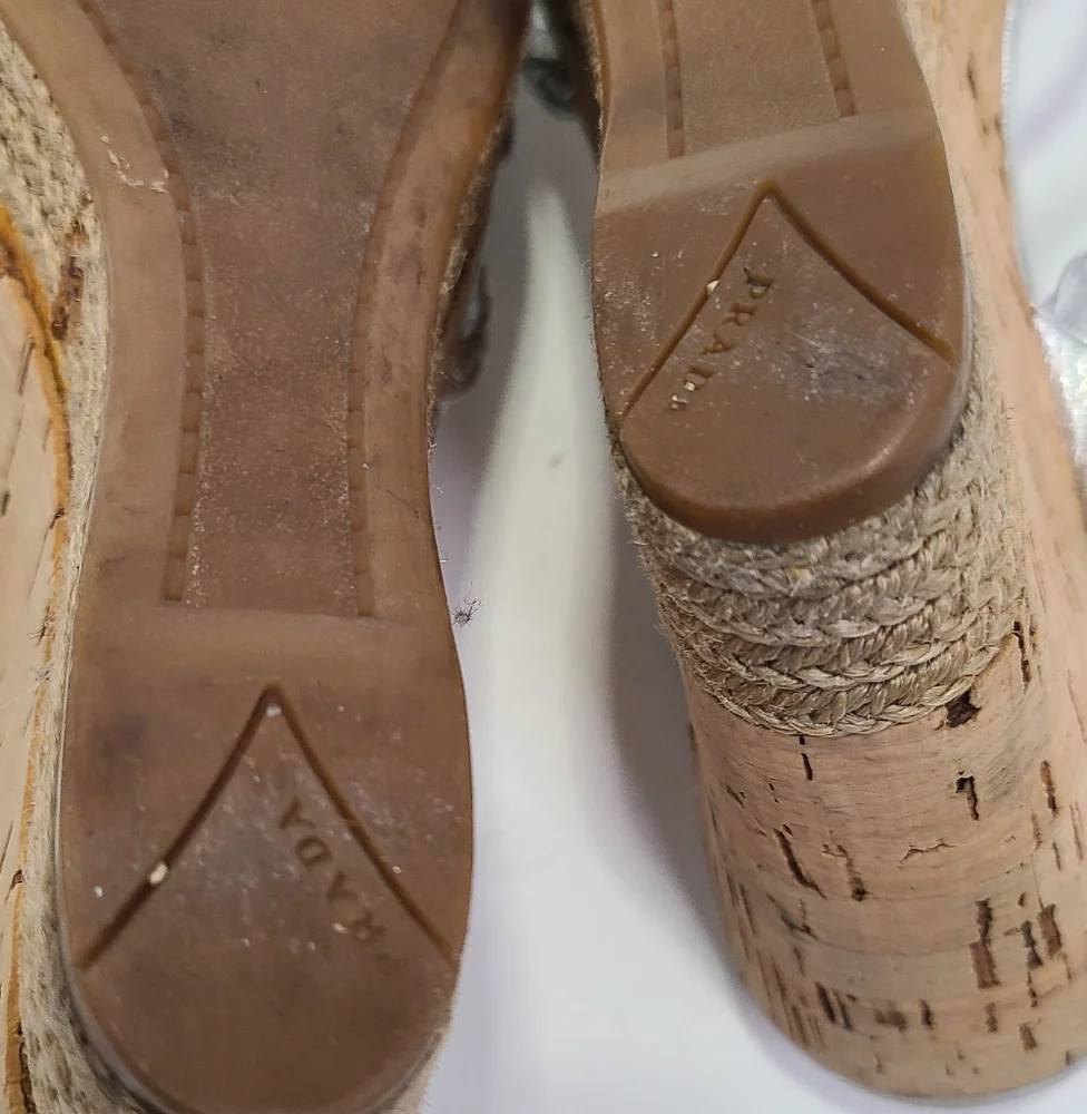 Prada silver leather strappy Wedge heel with Cork Heel peep toe size‎ 38